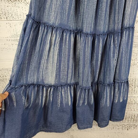 Indigo & Lace Chambray Blue Tiered Maxi Skirt Size S Cottagecore Coastal Grandma - Picture 2 of 8